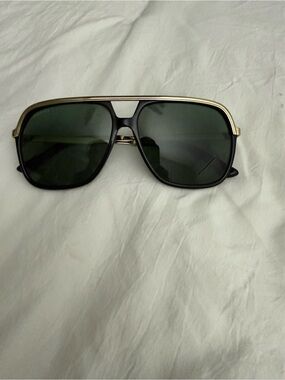 Gucci Black Frame Gold Trim Dark Green Lens Sunglasses